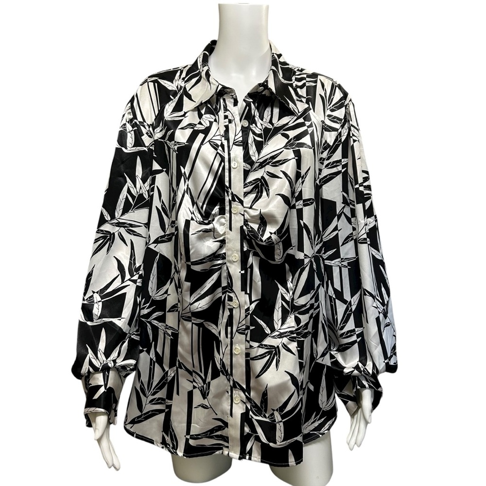 Equation Black White Patterned Silky Polyester Button Front Blouse Plus Size 2X